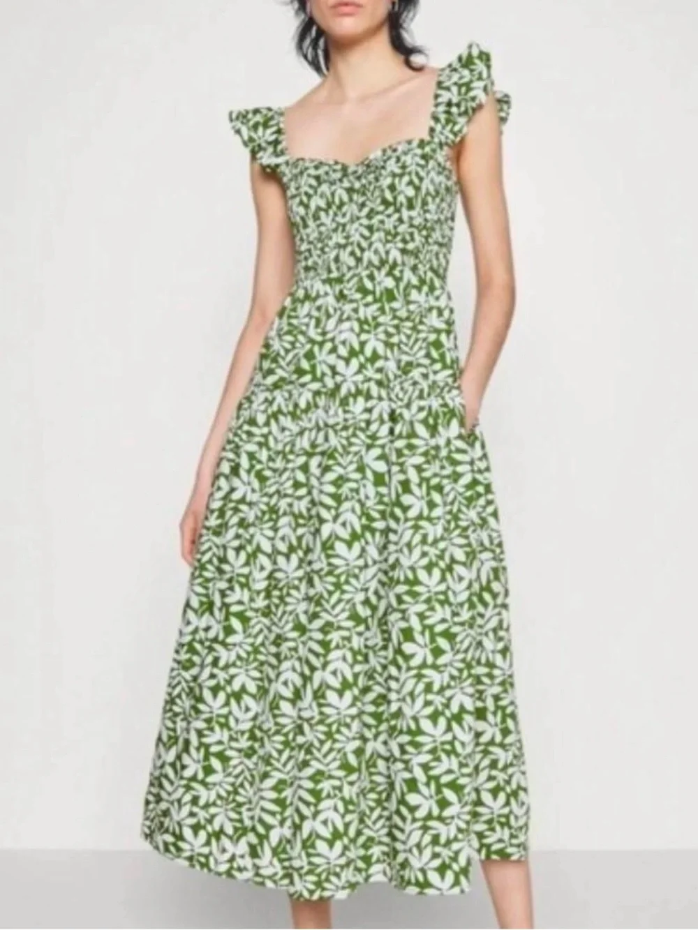 Abercrombie & Fitch Green and White Leaf-Print Maxi Dress -Size L